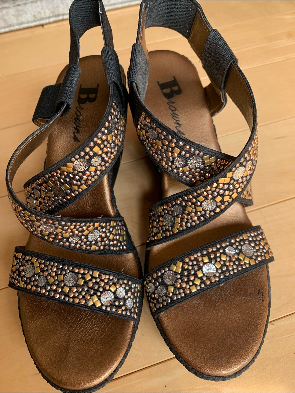 Beaded Black Strappy Sandals with Bronze Accents